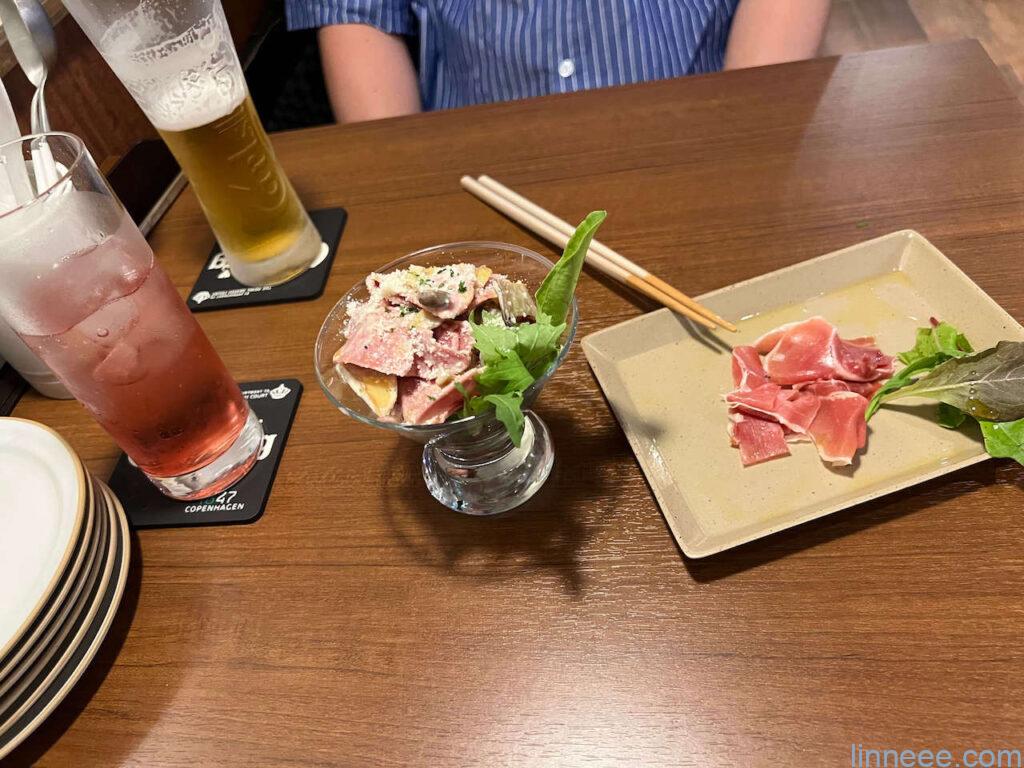 町家バルの豚タンのマリネと生ハム盛り合わせ